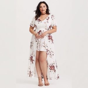 TORRID IVORY FLORAL ROMPER WITH MAXI SKIRT OVERLAY
